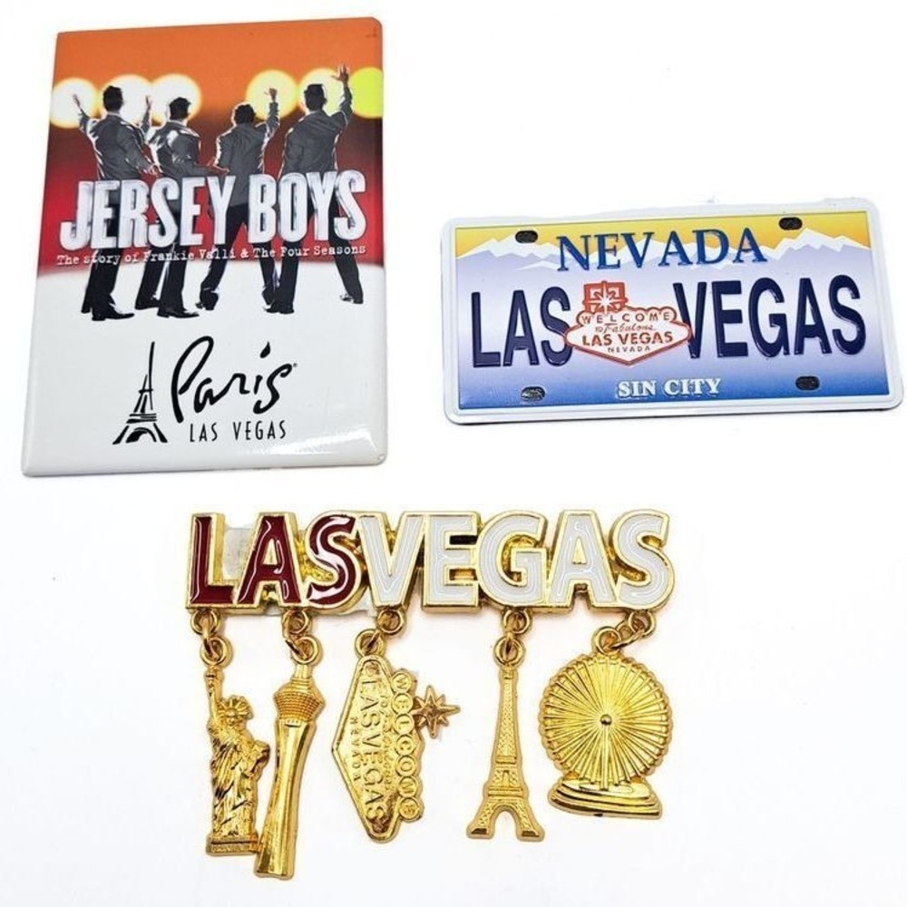 Las Vegas Magnets Lot of‎ 3 Souvenir Gold Charm Jersey Boys Paris Eiffel Tower